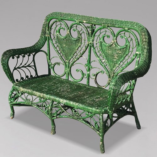 1930'S Green Painted French Wicker Rattan Bench