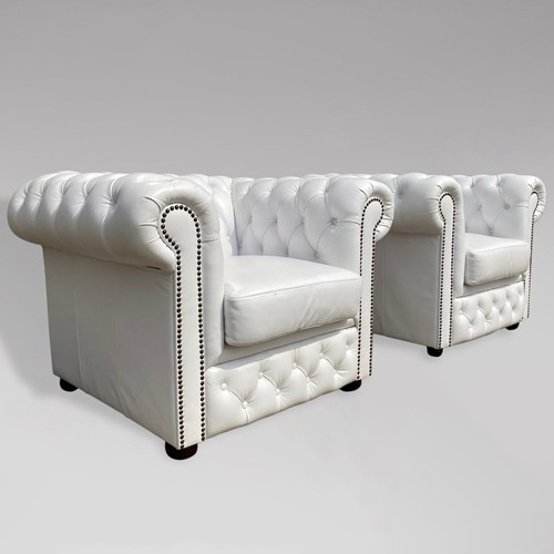 Pair Of White Leather Chesterfield Armchairs
