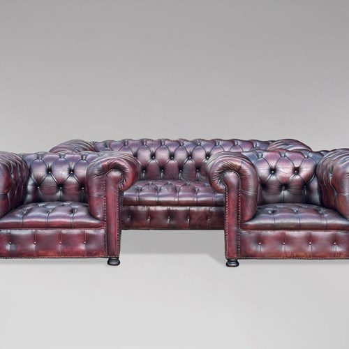 Leather Chesterfield Sofa & Pair Of Club Armchairs