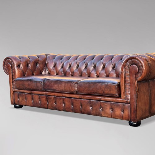 Brown Leather 3-Seater Chesterfield Sofa