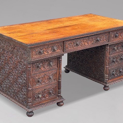 19Th C Anglo-Indian Carved Padauk Partners Desk