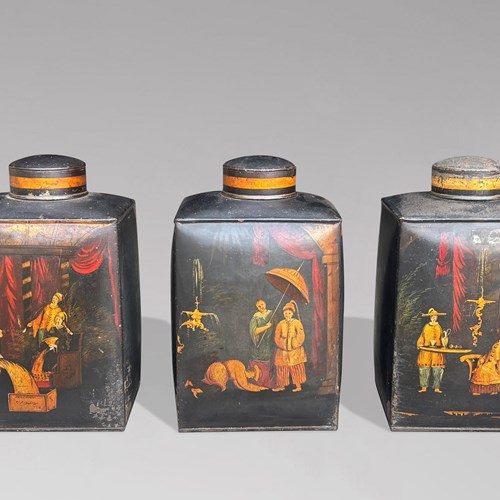 Set Of 3 William IV Painted Toleware Tea Canisters
