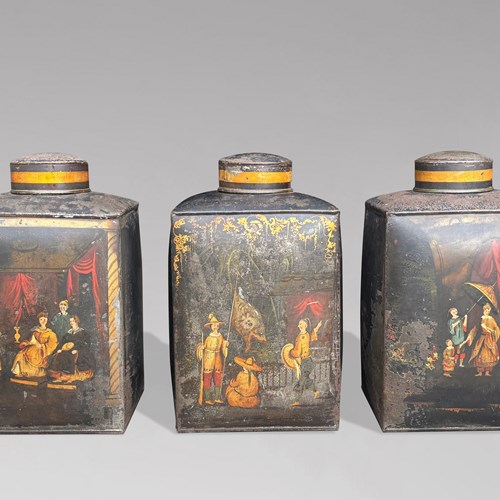Set Of 3 William IV Painted Toleware Tea Canisters