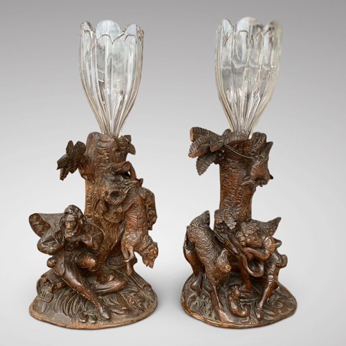 Pair Of Black Forest Carved Wood Vases