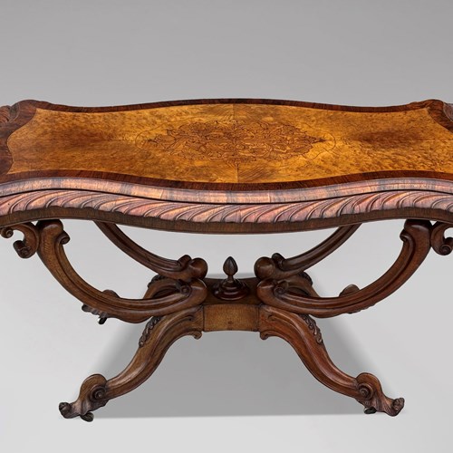 19Th C Burr Walnut Carved Centre Table