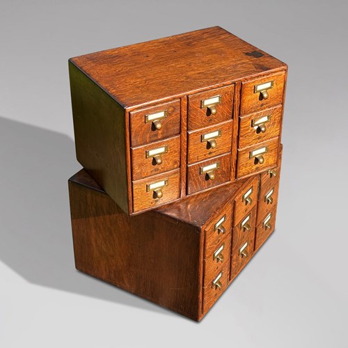 Set Of 2 Oak Library Index Card Cabinets