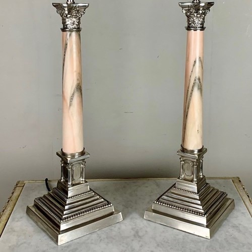 Exceptional Silver Plate Pink Onyx Column Lamps