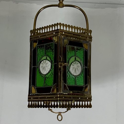 Edwardian Brass And Stained Glass Porch/Hall  Lantern