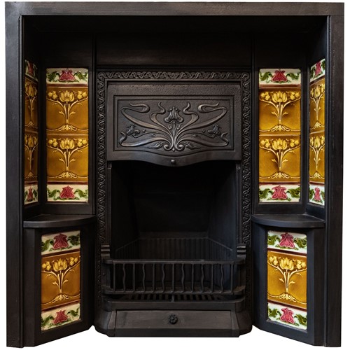 Art nouveau cast iron tiled fireplace insert