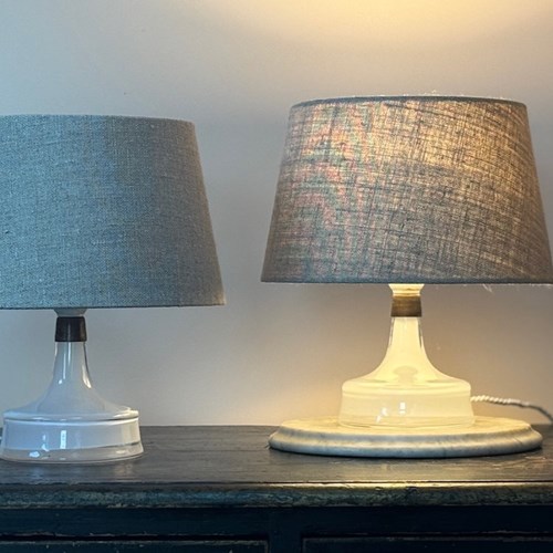 Pair Of Small White Glass Orrefors Table Lamps