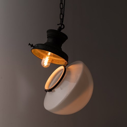 Semi-Spherical Art Deco Opaline Glass Pendant Light