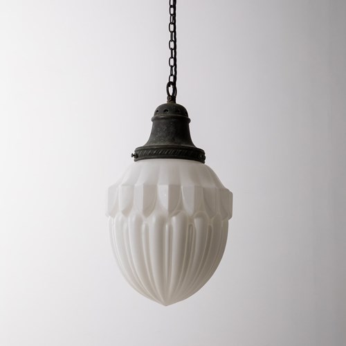 XL Art Deco Pressed Opaline Glass Pendant Light