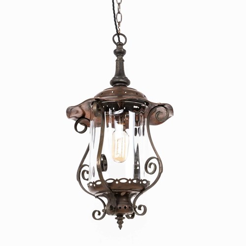 Antique Arts & Crafts Glazed Copper Hall Lantern