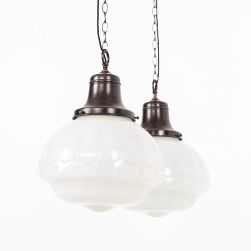 Pair Of Benjamin 'Bencolite' Opaline Glass Pendant Lights