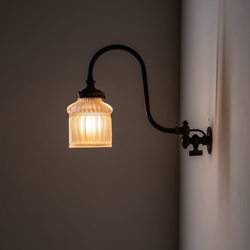 Early Brass Gas Lamp & Holophane Shade