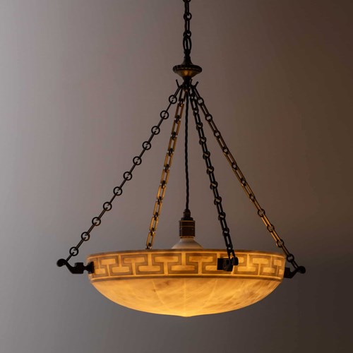 Large Hand-Carved Greek Key Alabaster Plafonnier Light