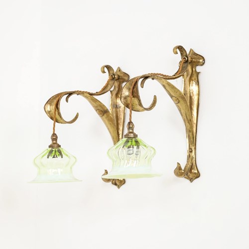 Pair Of Planished Brass Arts & Crafts Wall Lamps