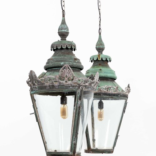 Large Antique Conical Glazed Copper Hall Lantern