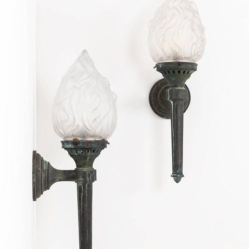 Large Antique Verdigris Bronze Torchiere Wall Lamps