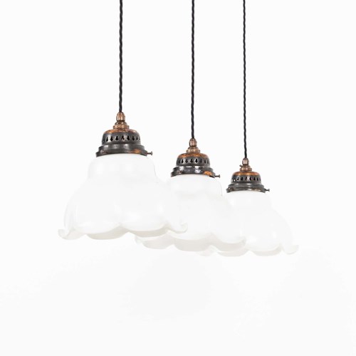 Trio Of Frilly Opaline Glass Pendant Lights