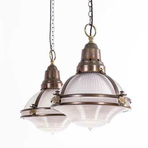 Antique Strapwork Holophane Glass Pendant Lights