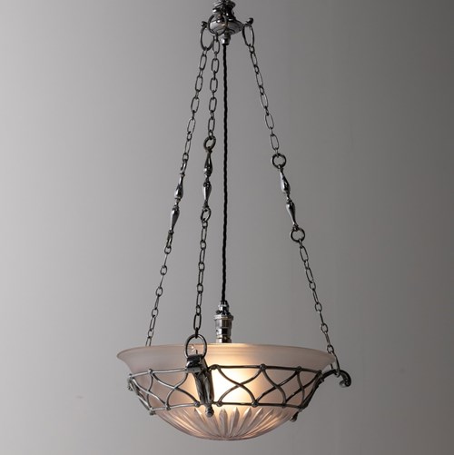 Art Deco Chrome Frosted Glass GEC Plafonnier Glass Bowl Ceiling Light