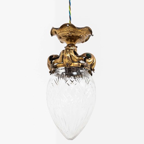 Early Edwardian Cut Glass & Brass Ceiling Pendant Light