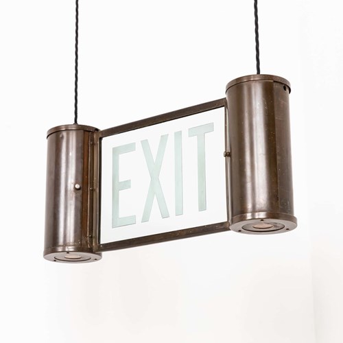 Early 20Th Century Brass & Glass Illuminated EXIT Sign / Light