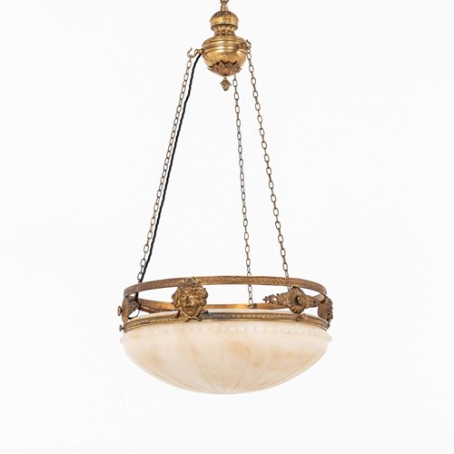 Antique Ornate Hand-Carved Alabaster Bowl Plafonnier Chandelier Ceiling Light