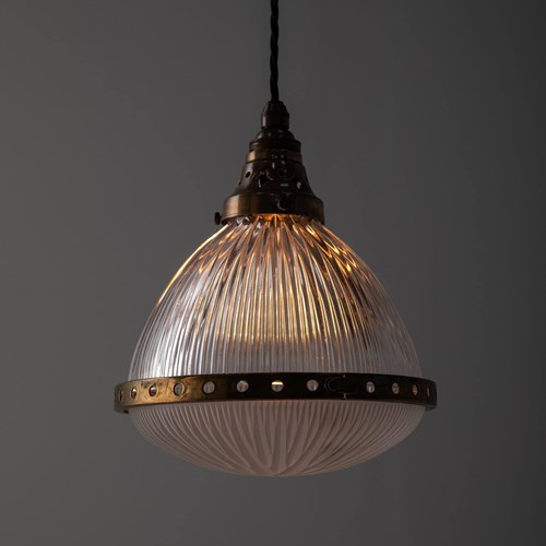 Antique French Holophane 'Excellite' Prismatic Glass Pendant Light