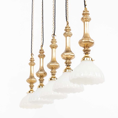 Cast Brass & Moonstone Glass Pendant Light 