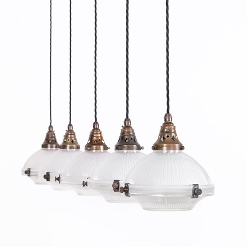 Diminutive Two-Part Brass Holophane Pendant Lights