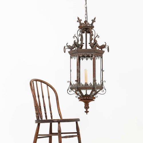 Large Early 20Th Century Metal French Glazed Hanging Lantern