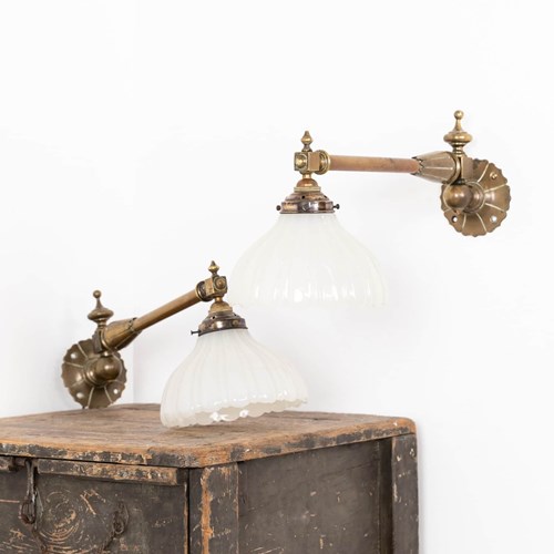 Pair Of Early 20Th Century Brass Moonstone Wall Lamps