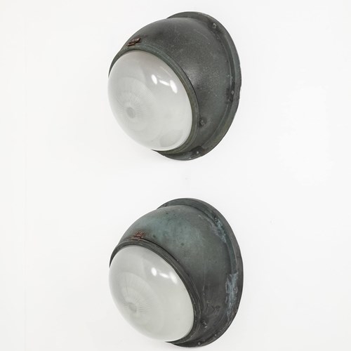 Pair Of Copper French Metro Holophane Bulkhead Lights