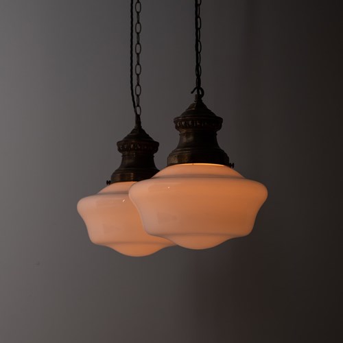 Pair Of GEC Church Opaline Glass Pendant Lights