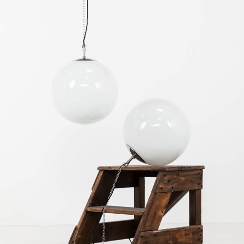 Pair Of XL 14" White Glass Opaline Globe Ceiling Pendant Lamps / Lights