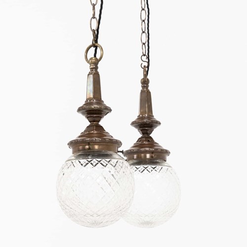 Pair Of Edwardian Cut Glass & Brass Globe Lights