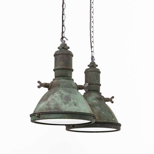 Pair Of Copper Verdigris GEC Industrial Pendant Lights