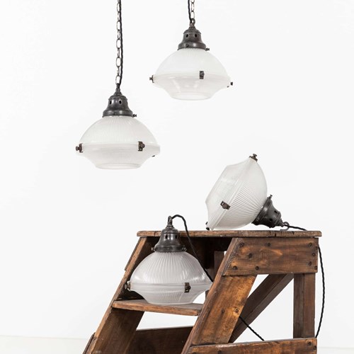 Run Of Two-Part Holophane Prismatic Glass Ceiling Pendant Lights