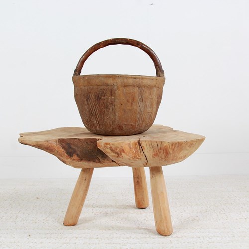 Rustic Xxl Chinese 19Thc Antique Woven Rice Basket With Tree Branch Handle