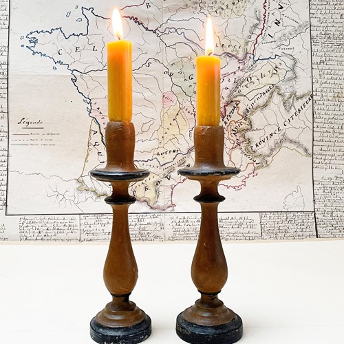 Pair of 19th c hand carved French Candlesticks - 1