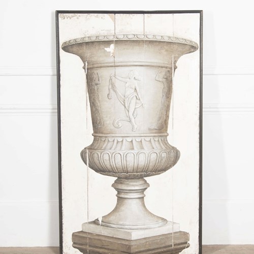 20Th C Painting Of Large Classical Urn On Wood - Circa 1940
