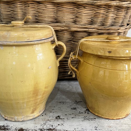 2 X Large 19Th C French Yellow Confit Pots With Lids