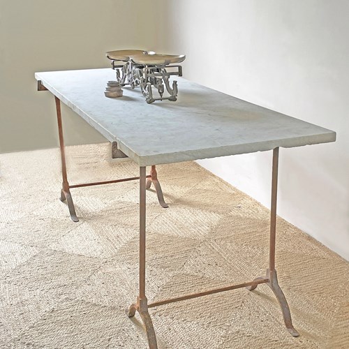 19Th Century English Marble Table On Iron Trestle Base - Circa 1880