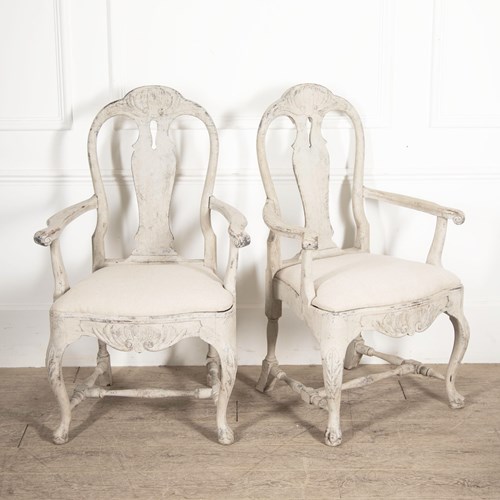 Pair Of 19Th Century Swedish Rococo Open Armchairs - Circa 1800