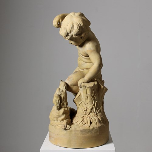 19Th Century Doulton Terracotta Group Of A Boy Feeding A Dog