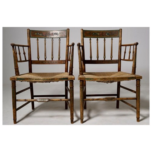 Pair Of Early 19Th Century Satinwood Original Painted Armchairs
