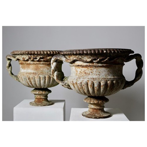 Pair Of Large Cast Iron Serpent Handled Urns