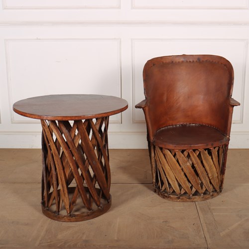 Spanish Leather And Willow Armchair And Table Set